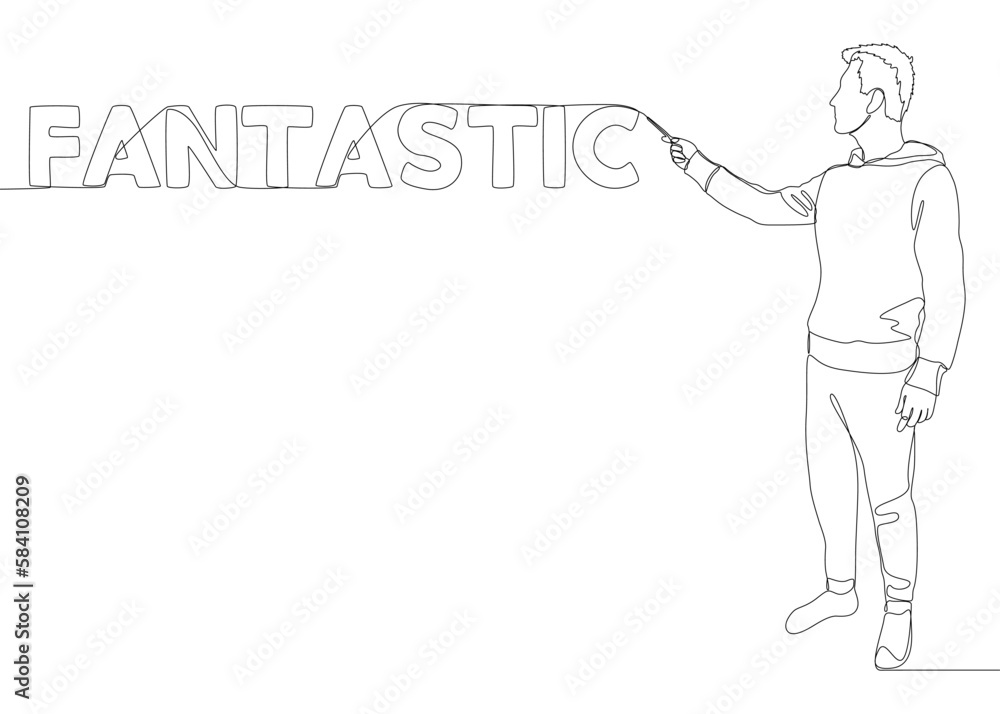 Poster one continuous line of man pointing with finger at fantastic word. thin line illustration vector con