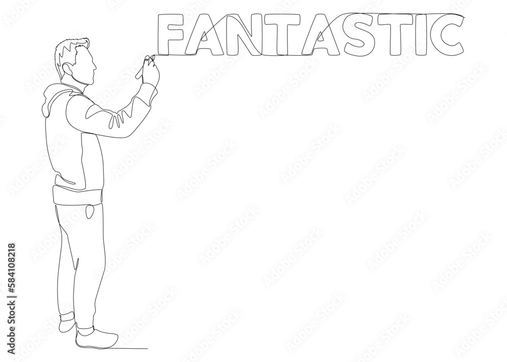 Poster one continuous line of man pointing with finger at fantastic word. thin line illustration vector con