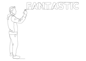 One continuous line of Man pointing with finger at Fantastic word. Thin Line Illustration vector concept. Contour Drawing Creative ideas.