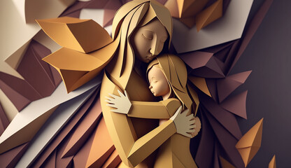 Mothers Day PaperCraft Background of Woman Holding a Child, Colorful, Holidays and Motherhood Illustration, Generative AI