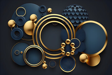 Flying geometric shapes in motion with golden round frame. Dynamic set of realistic spheres, rings, tubes. Modern background for product design show in dark blue color. 3d render illustration