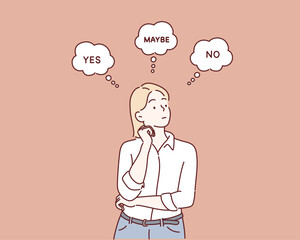 Woman standing sideways. Inscriptions yes, no, maybe around her shows decision making process. Hand drawn style vector design illustrations.