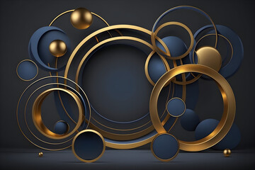 Flying geometric shapes in motion with golden round frame. Dynamic set of realistic spheres, rings, tubes. Modern background for product design show in dark blue color. 3d render illustration