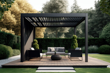 Modern black bio climatic pergola with top view on an outdoor patio. Teak wood flooring, a pool, and lounge chairs. green grass and trees in a garden, generative AI - obrazy, fototapety, plakaty