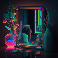 Colorful Neon Mirror with Plants Growing around it Generative AI