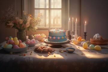 Happy Ester celebration background, postcard, easter cake, easter eggs
