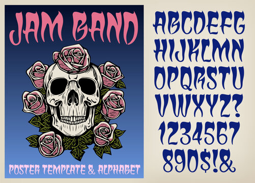 A poster template with accompanying alphabet. Poster style is in the musical genre of jam band music shows, shirts, album covers, and promotions. Also appropriate for Day of the Dead graphics.