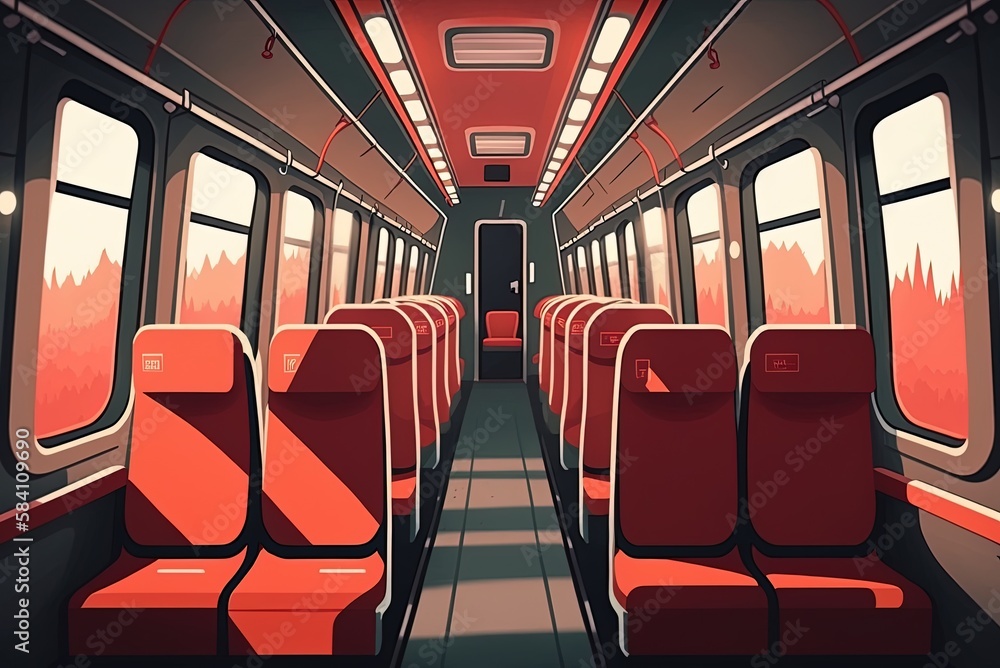 Poster empty train with red and grey seats in a vertical shot generative ai