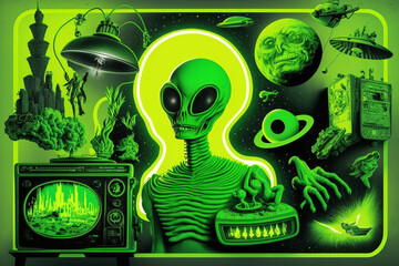 Neon Green Alien Collage Pop Culture Invasion UFO Spaceship Generative AI