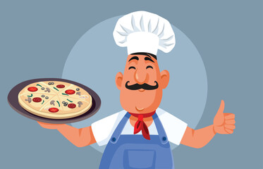 Funny Italian Chef Holding a Traditional Pizza Vector Cartoon. Cheerful cook holding a Mediterranean dish

