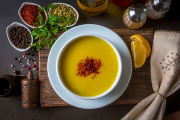 Traditional delicious Turkish foods; Red lentil soup (Turkish name; Mercimek corbasi)