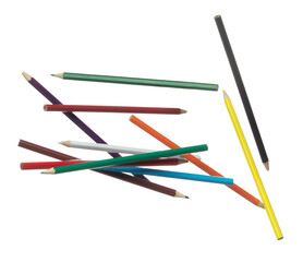 Pencil in various color fly floating in mid air. Many group new long colour pencils fall as...