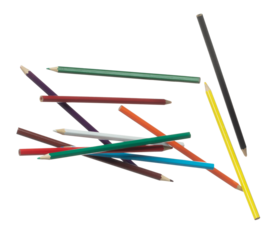 Pencil in various color fly floating in mid air. Many group new long colour pencils fall as education school stationary. Abstract pencil explode unbox. White background isolated high speed shutter