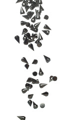 Spike Fashion decorate item explosion fly in air. Many spike black fashion blink celebrate, fashion trend decorate items explode in air, white background isolated high speed shutter freeze motion