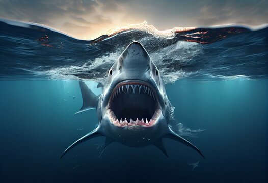 A 3D rendering of a fierce marine predator- a white shark with a wide open mouth showing its sharp teeth. Generative AI