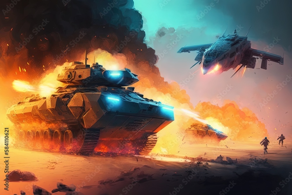 Poster illustration of a future war scene depicting a futuristic battlefield with troops and their equipmen