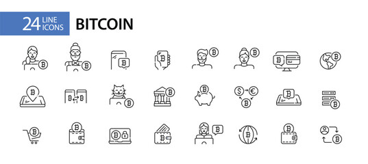 Set of 24 bitcoin icons. Worldwide cryptocurreny use. Modern technology virtual finances. Pixel perfect, editable stroke