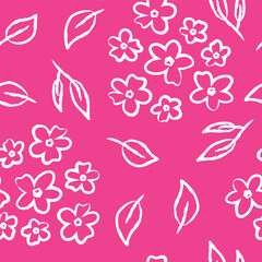 White Simple Outlined Stylized Flowers and Leaves on Pink Background Textiles Surface Design Seamless Repeat Pattern Design Eps 10 Vector