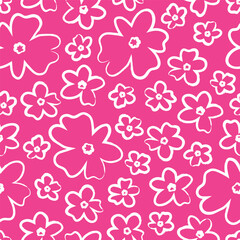 White Simple Stylized Outlined Flowers On Pink Background Textiles Surface Design Seamless Repeat Pattern Design Eps 10 Vector
