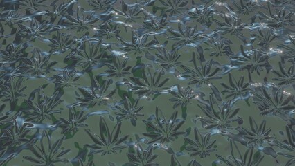 A seamless 3d illustrations of Sativa leaves in glass shiny dark background.