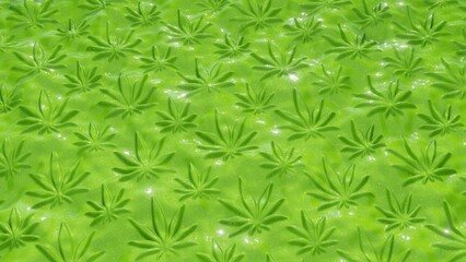 A seamless 3d illustrations of Sativa leaves in metal shiny green background.