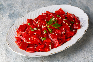 Roasted Pepper Salad Appetizer, Turkish appetizer, (Turkish name; sirkeli koz kirmizi biber mezesi)