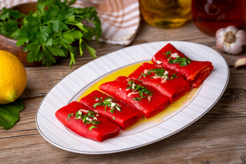 Roasted Pepper Salad Appetizer, Turkish appetizer, (Turkish name; sirkeli koz kirmizi biber mezesi)