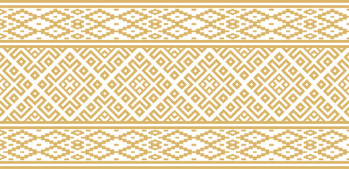 Vector golden color seamless Belarusian national ornament. Ethnic endless black border, Slavic peoples frame. - obrazy, fototapety, plakaty