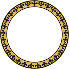 Vector gold and black Kazakh national round pattern, frame. Ethnic ornament of the nomadic peoples of Asia, the Great Steppe, Kazakhs, Kirghiz, Kalmyks, Mongols, Buryats, Turkmens
