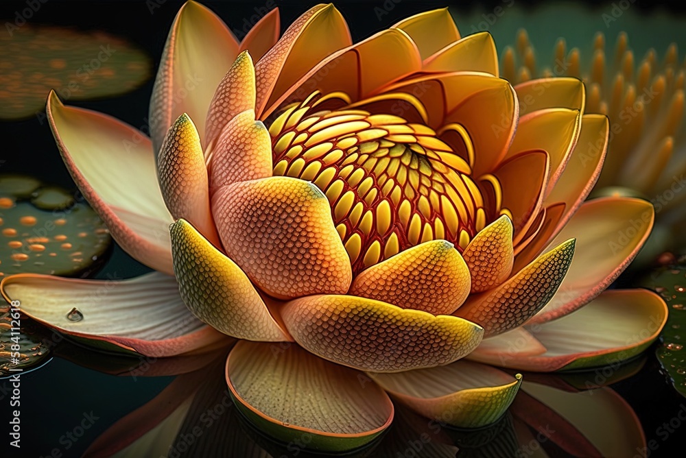 Poster macro image of a water lily bloom, representing a conceptual idea. generative ai