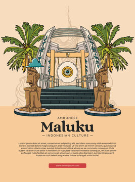 world peace gong placed in maluku indonesian culture handrawn illustration poster design inspiration