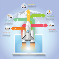 Design rocket launch infographic template 5 options. Business concept can be used for workflow layout, diagram, number options, timeline, steps, demo infographic