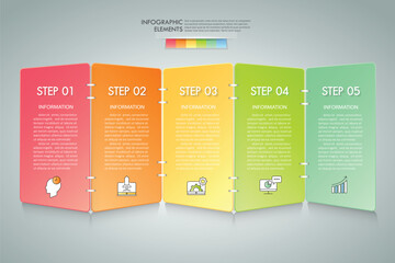 Naklejka na ściany i meble Design infographic template 5 options. Business concept can be used for workflow layout, diagram, number options, timeline, steps, demo infographic