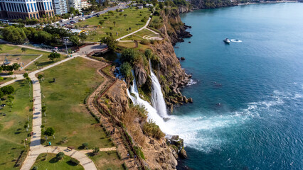 Waterfall Duden (Karpuzkaldiran selalesi) falling into the Mediterranean sea. Waterfall falling...
