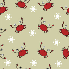 Seamless pattern with cute crabs. Hand drawn vector illustration. Cartoon style.  For cards, t-shirt prints, birthday, party invitations, scrapbook, summer holidays. Vector illustration in red, grey.