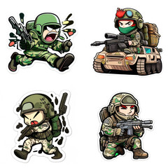Fototapeta premium sticker set of army action, cartoon soldier, white background