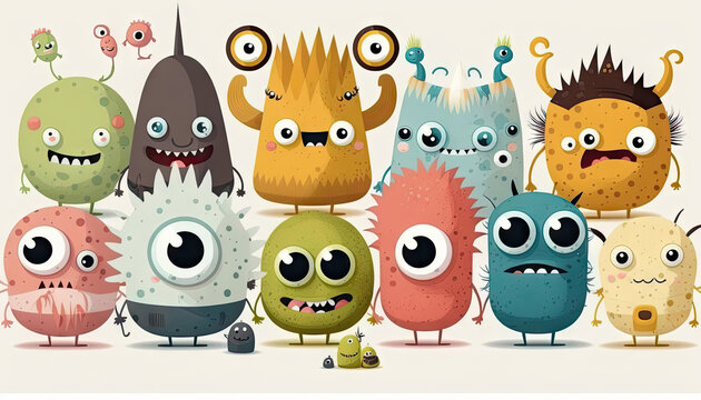 cute cartoon monsters, white background, vector illustration, Made by AI, Artificial intelligence