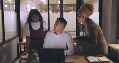 Laptop, tablet and business people teamwork on night project, digital finance portfolio or feedback review of stock market research. Financial economy, investment collaboration and trader trading nft - Powered by Adobe