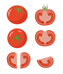 Tomato, a set of vector images. Side view, top view. cut into slices.
