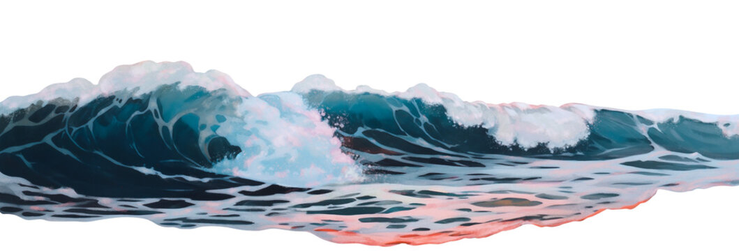 Blue, pink sunset ocean wave banner.  Isolated, transparent png. Graphic Resource as background for ocean, sea, water wave illustration.
