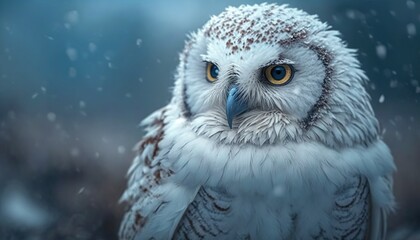 White snowy owl sits in the snow in the field