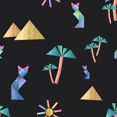 Watercolor seamless pattern of palm trees, pyramids, cats built from wooden bricks. Hand painted set isolated on dark background. For children print, poster, wallpaper, wrapping, fabric, textile.