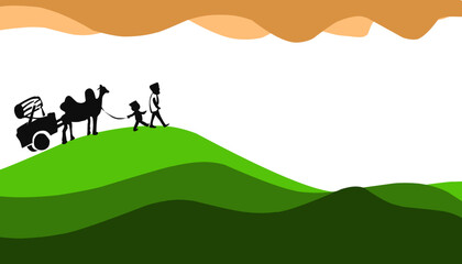 The illustration background with a Ramadan and Eid al-Fitr themed design, Eid al-Adha, has a picture of a Muslim walking on a green hill. 