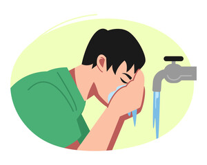 The man is ablution. Wash the face. Flat vector illustration.