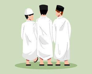 A group of Muslim boys are walking and talking back view. flat vector illustration.