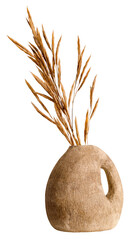Clay beige round pot with cereal branch isolated on background. Elegant piece of handmade papier mache jug. Still life with ceramic rounded vase for interior design in a rustic style. 