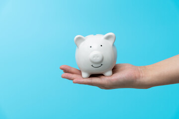 Woman hand holding a piggy bank