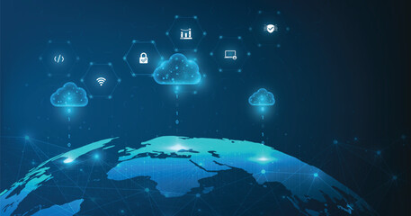 Concept of Cloud computing security technology background. vector illustration of business network data security storage online on dark blue background.