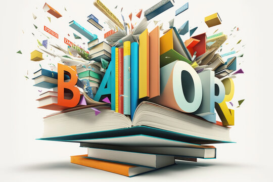 Books in bright covers scatter in different directions, template for flyers, advertisements, invitations. Learning concept, book day, knowledge day