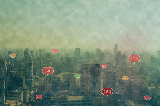 Fog or haze combined with smoke and other atmospheric pollutants in the city from PM 2.5 dust.Cityscape with number air pollution.Indicators level of danger PM 2.5 concept.